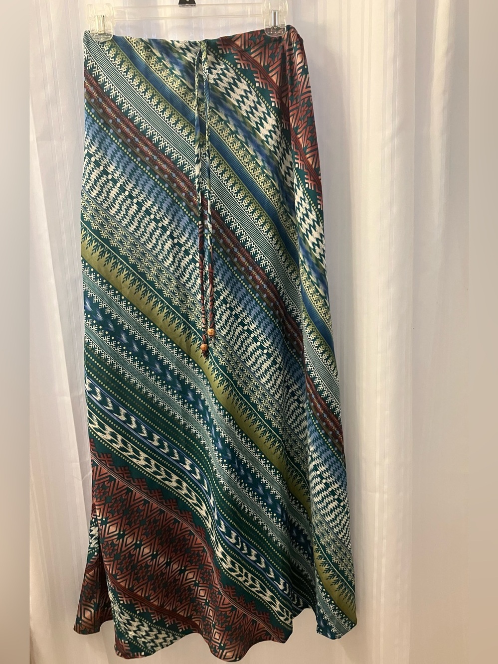 Flying Lotus Maxi Skirt in Green, Blue, & Brown Bohemian Print